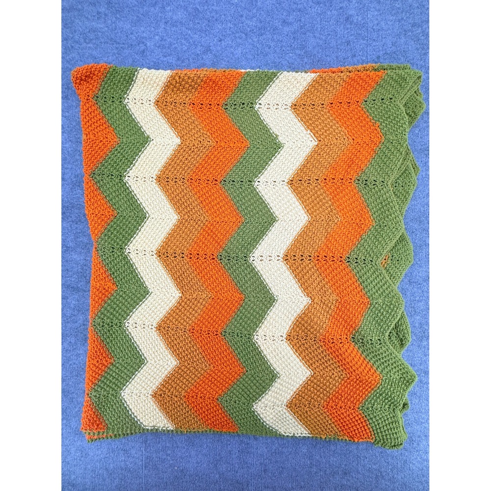 Vintage Handmade Crochet Chevron Afghan Blanket Orange Green Yellow 74x64 70s